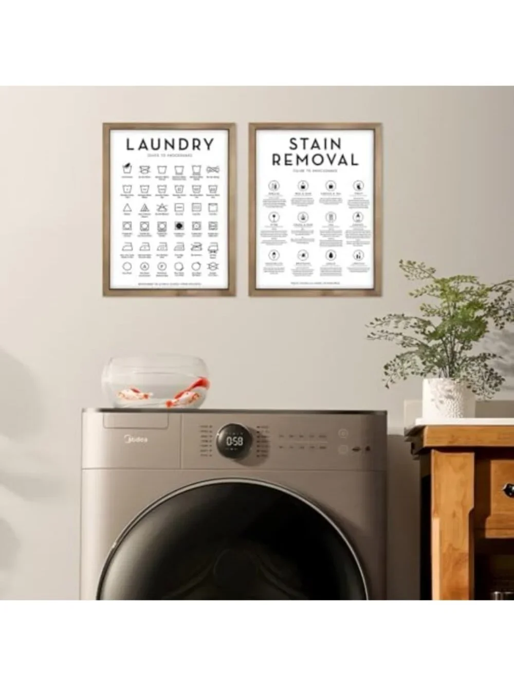 Rustic 2-Piece Laundry Room Wall Art Signs - Wooden Care Symbols & Stain Guide
